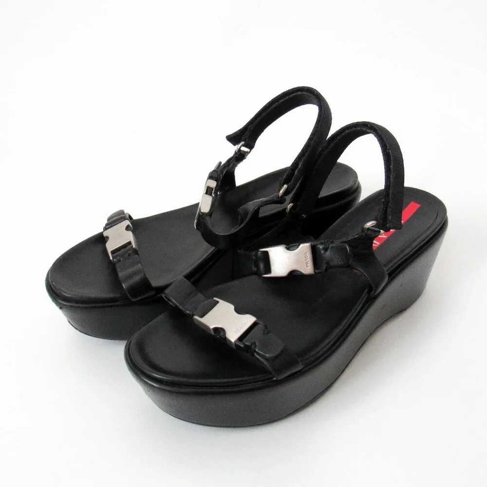 PRADA 90’s VINTAGE Black Sporty Open Toe Platform Sandals W/Metal Buckles Size-9